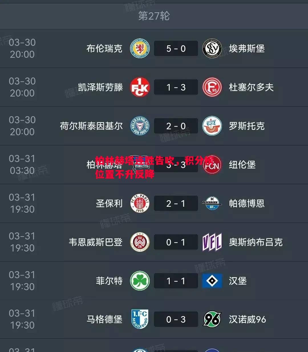 柏林赫塔连胜告吹,积分榜位置不升反降 柏林赫塔连胜告吹,积分榜位置不升反降